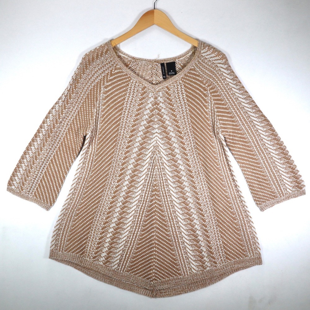 New Directions Sweater Womens Medium Tan Chevron Knit 3/4 Sleeve Tunic Casual